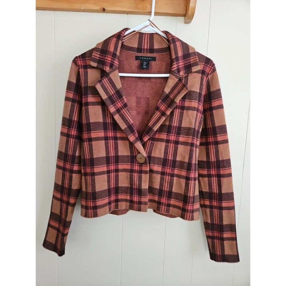 Tahari Brown Plaid Cropped Jacket Small